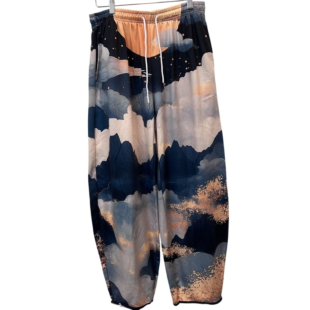 Modern Bohemian Harem Drapey Pants Lounge-Ready Abstract Landscape Print Size M